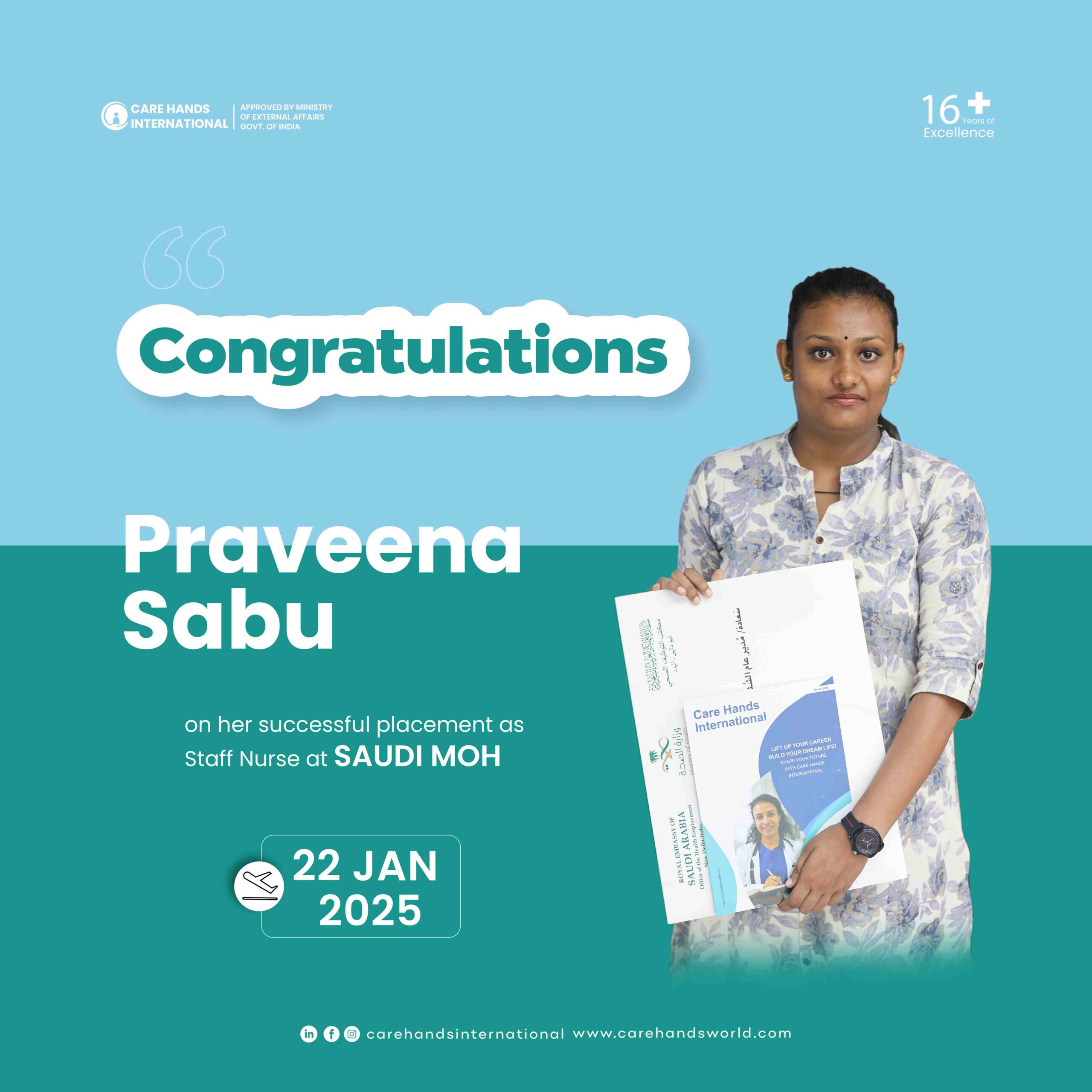 Congratulation Poster Praveena Sabu Saudi MOH 22 January 2025-01